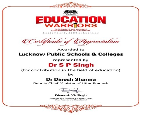 Received Award of Education Warriors by The Times Group in year 2020.