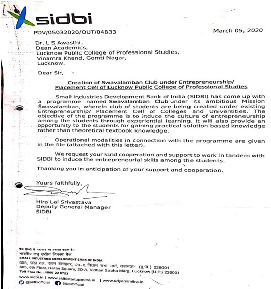Received Appreciation certificate for Operational Modality for Entrepreneurship/Placement Cell by SIDBI in the year 2020.